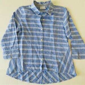Habitat 100% Linen Blue and White Striped Button Down Shirt Asymmetric hemline